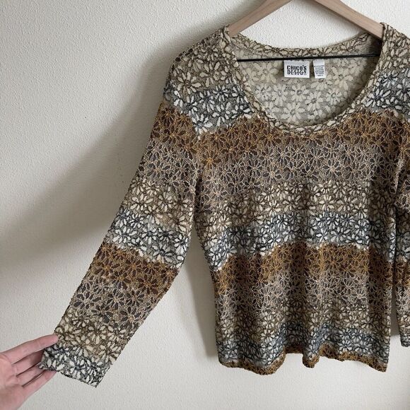 Vtg Chicos Design Top Womens 3 Beige Neutral Earth Tone Daisy Texture Artsy Boho - Picture 4 of 16